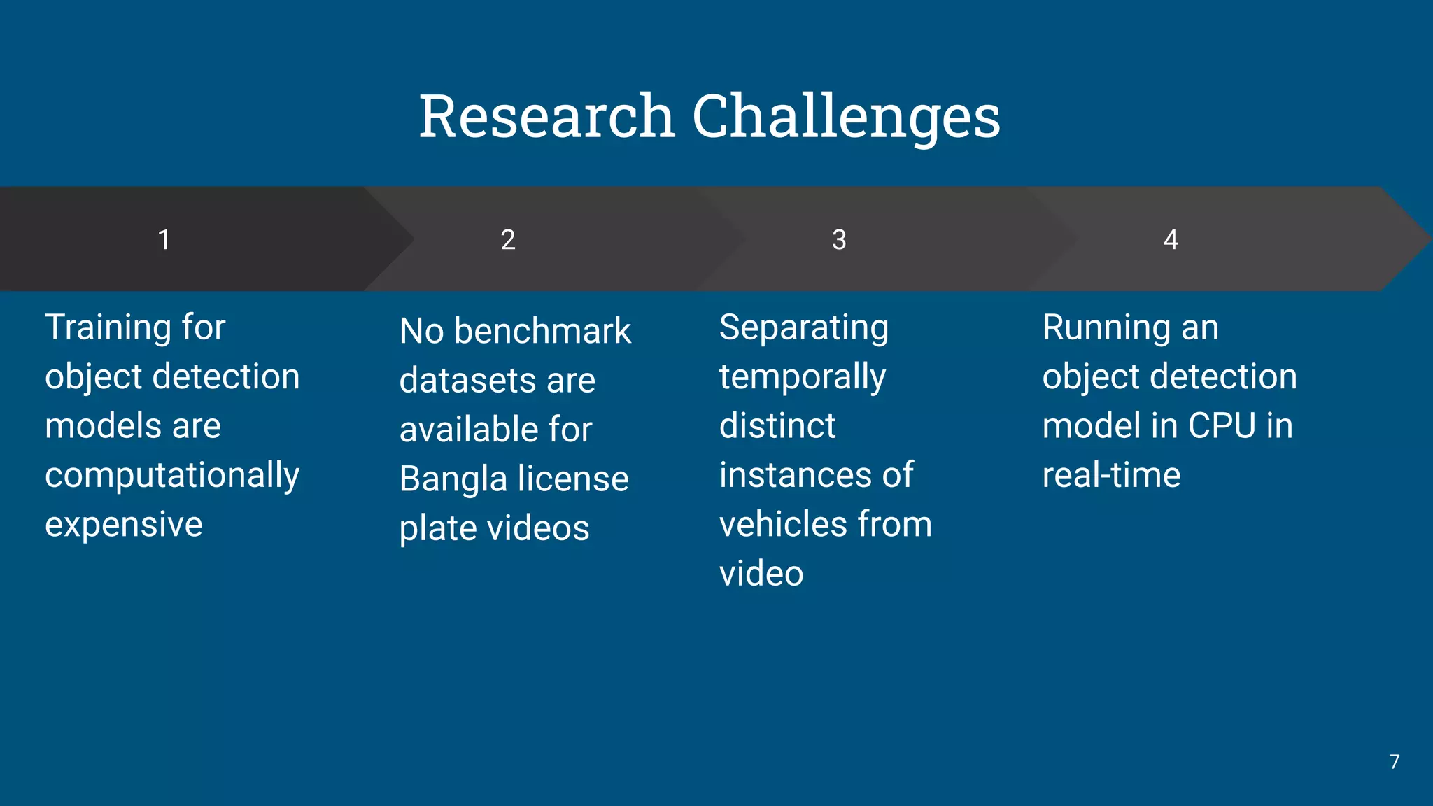 7
Training for
object detection
models are
computationally
expensive
No benchmark
datasets are
available for
Bangla license
plate videos
Separating
temporally
distinct
instances of
vehicles from
video
Running an
object detection
model in CPU in
real-time
Research Challenges
1 2 3 4
 