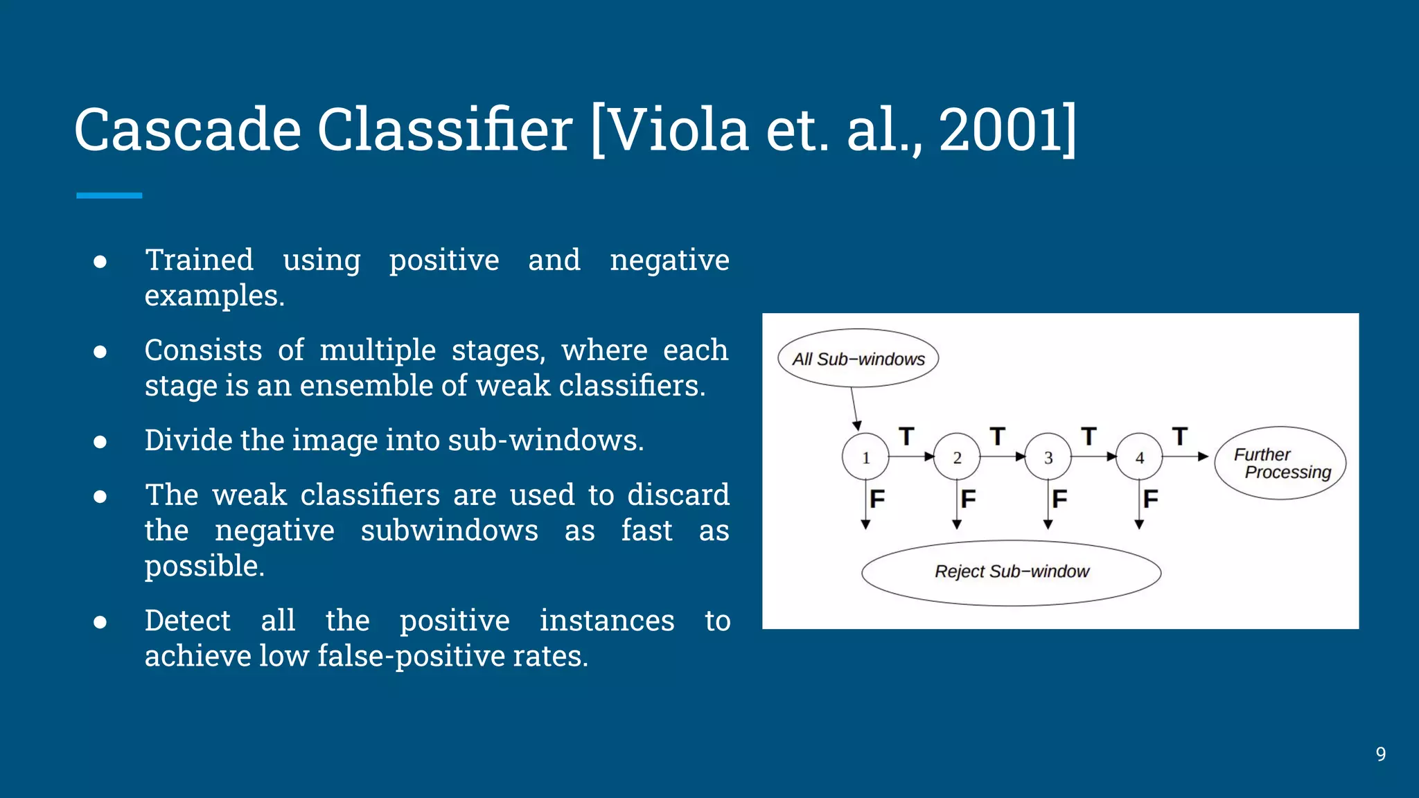 Cascade Classiﬁer [Viola et. al., 2001]
9
● Trained using positive and negative
examples.
● Consists of multiple stages, where each
stage is an ensemble of weak classiﬁers.
● Divide the image into sub-windows.
● The weak classiﬁers are used to discard
the negative subwindows as fast as
possible.
● Detect all the positive instances to
achieve low false-positive rates.
 