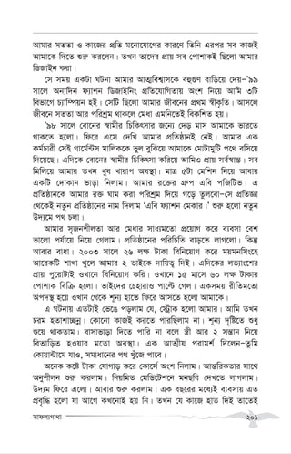 mvdj¨Mv_v 201
Avgvi mZZv I Kv‡Ri cÖwZ g‡bv‡hv‡Mi Kvi‡Y wZwb Gici me KvRB
Avgv‡K w`‡Z ïi“ Ki‡jb| ZLb Zv‡`i cÖvq me †cvkvKB wQ‡jv Avgvi
wWRvBb Kiv|
†m mgq GKUv NUbv Avgvi AvZ¥wek¦vm‡K eû¸Y evwo‡q †`qÑÕ99
mv‡j Ab¨w`b d¨vkb wWRvBwbs cÖwZ‡hvwMZvq Ask wb‡q Avwg 3wU
wefv‡M P¨vw¤úqb nB| †mwU wQ‡jv Avgvi Rxe‡bi cÖ_g ¯^xK…wZ| Avm‡j
Rxe‡b mZZv Avi cwikªg _vK‡j †gav Ggwb‡ZB weKwkZ nq|
Õ98 mv‡j †ev‡bi ¯^vgxi wPwKrmvi R‡b¨ †`o gvm Avgv‡K fvi‡Z
_vK‡Z n‡jv| wd‡i G‡m †`wL Avgvi cÖwZôvbB †bB| Avgvi GK
Kg©Pvix †mB Mv‡g©›Um gvwjK‡K fyj eywS‡q Avgv‡K †gvUvgywU c‡_ ewm‡q
w`‡q‡Q| Gw`‡K †ev‡bi ¯^vgxi wPwKrmv Kwi‡q AvwgI cÖvq me©¯^vš—| me
wgwj‡q Avgvi ZLb Lye Lvivc Ae¯’v| gvÎ 5Uv †gwkb wb‡q Avevi
GKwU †`vKvb fvov wbjvg| Avgvi i‡³i MÖ“c Gwe cwRwUf| G
cÖwZôvb‡K Avgvi i³ Nvg Kiv cwikªg w`‡q M‡o Zzj‡evÑ†m cÖwZÁv
†_‡KB bZzb cÖwZôv‡bi bvg w`jvg ÔGwe d¨vkb †gKvi|Õ ïi“ n‡jv bZzb
D`¨‡g c_ Pjv|
Avgvi m„RbkxjZv Avi †gavi mva¨g‡Zv cÖ‡qvM K‡i e¨emv †ek
fv‡jv ch©v‡q wb‡q †Mjvg| cÖwZôv‡bi cwiwPwZ evo‡Z jvM‡jv| wKš‘
Avevi evav| 2003 mv‡j 26 j¶ UvKv wewb‡qvM K‡i gqgbwms‡n
Av‡iKwU kvLv Ly‡j Avgvi 2 fvB‡K `vwqZ¡ w`B| Gw`‡Ki jf¨vs‡ki
cÖvq cy‡ivUvB ILv‡b wewb‡qvM Kwi| ILv‡b 15 gv‡m 60 j¶ UvKvi
†cvkvK wewµ n‡jv| fvB‡`i †PnvivI cv‡ë †Mj| GKmgq ixwZg‡Zv
Ac`¯’ n‡q ILvb †_‡K k~b¨ nv‡Z wd‡i Avm‡Z n‡jv Avgv‡K|
G NUbvq GZUvB †f‡O cojvg †h, †÷ªvK n‡jv Avgvi| Avwg ZLb
Pig nZvkv”Qbœ| †Kv‡bv KvRB Ki‡Z cviwQjvg bv| k~b¨ `„wó‡Z ïay
ï‡q _vKZvg| evmvfvov w`‡Z cvwi bv e‡j ¯¿x Avi 2 mš—vb wb‡q
weZvwoZ nIqvi g‡Zv Ae¯’v| GK AvZ¥xq civgk© w`‡jbÑZzwg
†Kvqv›Uv‡g hvI, mgvav‡bi c_ Luy‡R cv‡e|
A‡bK K‡ó UvKv †hvMvo K‡i †Kv‡m© Ask wbjvg| Avš—wiKZvi mv‡_
Abykxjb ïi“ Kijvg| wbqwgZ †gwW‡Uk‡b gbQwe †`L‡Z jvMjvg|
D`¨g wd‡i G‡jv| Avevi ïi“ Kijvg| GK eQ‡ii g‡a¨B e¨emvq GZ
cÖe„w× n‡jv hv Av‡M KL‡bvB nq wb| ZLb †h Kv‡R nvZ w`B Zv‡ZB
 