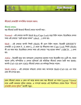 কীেবাড লআউট স িকত সাধারণ ানঃ
কীেবাড লয়ারঃ
অ কীেবাড চারিট া াড কীেবাড লয়ার সােপাট কের -
Normal - এই লয়াের আপিন Shift Key/Caps Lock ছাড়া টাইপ কেরন। ইংেরিজেত লখার
সময় এই লয়াের “ ছাট হােতর অ র” (abcd…) লখা হয়।
Shift - এই লয়াের আপিন িশফট (Shift) কী চেপ টাইপ কেরন। ইংেরজী QWERTY
লআউট এ Q থেক P, A থেক L, Z থেক M কী েলার জন Caps Lock িশফট (Shift)
কী এর কাজ কের। ইংেরিজেত লখার সময় এই লয়াের “বড় হােতর অ র” (ABCD…) লখা
হয়।
AltGr - ইংেরজী ছাড়া অন ভাষা েলা ( য েলােত হরেফর সংখ া ইংেরজীর মত ২৬িট নয়, আেরা
অেনক বিশ) কি উটার এ লখার সুিবধােথ এই অিতির কীেবাড লয়ার তরী করা হেয়েছ।
আপিন Ctrl+Alt চেপ AltGr কীেবাড লয়ার এর বণসমূহ িলখেত পােরন।
Shift+AltGr - এই লয়ােরর বণ েলা লখার জন আপনােক Shift+Ctrl+Alt এর সােথ
কান কী চাপেত হেব।
কান কীেবাড লয়ার এ কান বণ আেছ জানার জন অ কীেবাড এর সােথ Layout Viewer
নােম একিট চমৎকার সুিবধা রেয়েছ। এ স েক জানেত এই িনেদিশকার শেষর িদেক “কীেবাড
লআউট দখার সুিবধা” অংশিট পড়ুন।
 