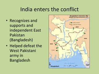 India enters the conflict Recognizes and supports and independent East Pakistan (Bangladesh)  Helped defeat the West Pakistani army in Bangladesh 
