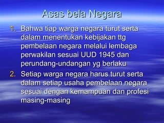 Asas bela NegaraAsas bela Negara
1.1. Bahwa tiap warga negara turut sertaBahwa tiap warga negara turut serta
dalam menentukan kebijakan ttgdalam menentukan kebijakan ttg
pembelaan negara melalui lembagapembelaan negara melalui lembaga
perwakilan sesuai UUD 1945 danperwakilan sesuai UUD 1945 dan
perundang-undangan yg berlakuperundang-undangan yg berlaku
2.2. Setiap warga negara harus turut sertaSetiap warga negara harus turut serta
dalam setiap usaha pembelaan negaradalam setiap usaha pembelaan negara
sesuai dengan kemampuan dan profesisesuai dengan kemampuan dan profesi
masing-masingmasing-masing
 