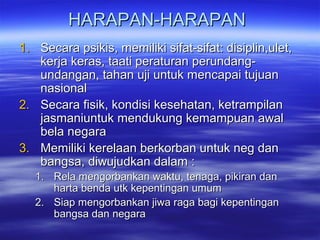 HARAPAN-HARAPANHARAPAN-HARAPAN
1.1. Secara psikis, memiliki sifat-sifat: disiplin,ulet,Secara psikis, memiliki sifat-sifat: disiplin,ulet,
kerja keras, taati peraturan perundang-kerja keras, taati peraturan perundang-
undangan, tahan uji untuk mencapai tujuanundangan, tahan uji untuk mencapai tujuan
nasionalnasional
2.2. Secara fisik, kondisi kesehatan, ketrampilanSecara fisik, kondisi kesehatan, ketrampilan
jasmaniuntuk mendukung kemampuan awaljasmaniuntuk mendukung kemampuan awal
bela negarabela negara
3.3. Memiliki kerelaan berkorban untuk neg danMemiliki kerelaan berkorban untuk neg dan
bangsa, diwujudkan dalam :bangsa, diwujudkan dalam :
1.1. Rela mengorbankan waktu, tenaga, pikiran danRela mengorbankan waktu, tenaga, pikiran dan
harta benda utk kepentingan umumharta benda utk kepentingan umum
2.2. Siap mengorbankan jiwa raga bagi kepentinganSiap mengorbankan jiwa raga bagi kepentingan
bangsa dan negarabangsa dan negara
 
