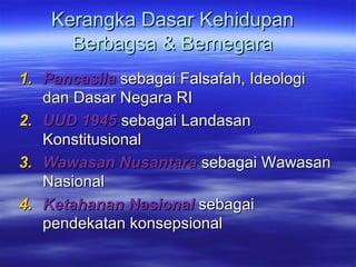 Kerangka Dasar KehidupanKerangka Dasar Kehidupan
Berbagsa & BernegaraBerbagsa & Bernegara
1.1. PancasilaPancasila sebagai Falsafah, Ideologisebagai Falsafah, Ideologi
dan Dasar Negara RIdan Dasar Negara RI
2.2. UUD 1945UUD 1945 sebagai Landasansebagai Landasan
KonstitusionalKonstitusional
3.3. Wawasan NusantaraWawasan Nusantara sebagai Wawasansebagai Wawasan
NasionalNasional
4.4. Ketahanan NasionalKetahanan Nasional sebagaisebagai
pendekatan konsepsionalpendekatan konsepsional
 