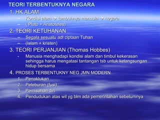 TEORI TERBENTUKNYA NEGARATEORI TERBENTUKNYA NEGARA
1. HK ALAM :1. HK ALAM :
– Kondisi alamKondisi alam  tumbuhnya manusiatumbuhnya manusia  negaranegara
– ( Plato + Aristoteles)( Plato + Aristoteles)
2. TEORI KETUHANAN2. TEORI KETUHANAN
– Segala sesuatu adl ciptaan TuhanSegala sesuatu adl ciptaan Tuhan
– (Islam + kristen)(Islam + kristen)
3. TEORI PERJANJIAN (Thomas Hobbes)3. TEORI PERJANJIAN (Thomas Hobbes)
-- Manusia menghadapi kondisi alam dan timbul kekerasanManusia menghadapi kondisi alam dan timbul kekerasan
sehingga harus mengatasi tantangan tsb untuk kelangsungansehingga harus mengatasi tantangan tsb untuk kelangsungan
hidup bersamahidup bersama
4.4. PROSES TERBENTUKNY NEG JMN MODERNPROSES TERBENTUKNY NEG JMN MODERN
1.1. PenaklukanPenaklukan
2.2. Peleburan (fusi)Peleburan (fusi)
3.3. Pemisahan diriPemisahan diri
4.4. Pendudukan atas wil yg blm ada pemerintahan sebelumnyaPendudukan atas wil yg blm ada pemerintahan sebelumnya
 