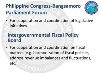 Philippine Congress-Bangsamoro
Parliament Forum
• For cooperation and coordination of legislative
initiatives
Intergovernmental Fiscal Policy
Board
• For cooperation and coordination on fiscal
matters (e.g. harmonization of fiscal policies,
address revenue imbalances and fluctuations,
etc.)
 
