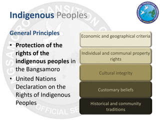 Indigenous Peoples
General Principles
• Protection of the
rights of the
indigenous peoples in
the Bangsamoro
• United Nations
Declaration on the
Rights of Indigenous
Peoples
Economic and geographical criteria
Individual and communal property
rights
Cultural integrity
Customary beliefs
Historical and community
traditions
 