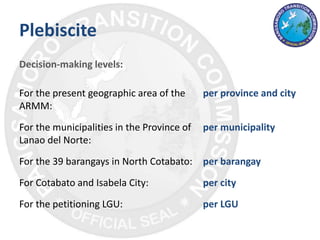 Plebiscite
Decision-making levels:
For the present geographic area of the
ARMM:
per province and city
For the municipalities in the Province of
Lanao del Norte:
per municipality
For the 39 barangays in North Cotabato: per barangay
For Cotabato and Isabela City: per city
For the petitioning LGU: per LGU
 