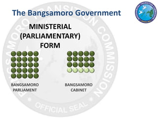 The Bangsamoro Government
BANGSAMORO
PARLIAMENT
BANGSAMORO
CABINET
MINISTERIAL
(PARLIAMENTARY)
FORM
 