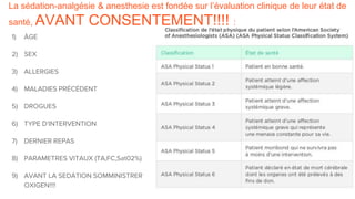 La sédation-analgésie & anesthesie est fondée sur l’évaluation clinique de leur état de
santé, AVANT CONSENTEMENT!!!! :
1) ÀGE
2) SEX
3) ALLERGIES
4) MALADIES PRÉCÉDENT
5) DROGUES
6) TYPE D'INTERVENTION
7) DERNIER REPAS
8) PARAMETRES VITAUX (TA,FC,Sat02%)
9) AVANT LA SEDATION SOMMINISTRER
OXIGEN!!!!
 