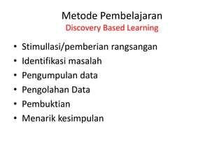 Metode Pembelajaran
Discovery Based Learning
• Stimullasi/pemberian rangsangan
• Identifikasi masalah
• Pengumpulan data
• Pengolahan Data
• Pembuktian
• Menarik kesimpulan
 