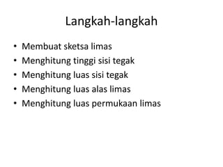 Langkah-langkah
• Membuat sketsa limas
• Menghitung tinggi sisi tegak
• Menghitung luas sisi tegak
• Menghitung luas alas limas
• Menghitung luas permukaan limas
 
