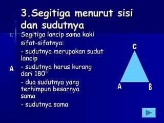 1.

3.Segitiga menurut sisi
dan sudutnya
Segitiga lancip sama kaki
sifat-sifatnya:
- sudutnya merupakan sudut
lancip
- sudutnya harus kurang
dari 180°
- dua sudutnya yang
terhimpun besarnya
sama
- sudutnya sama

 
