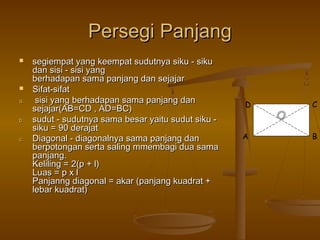 Persegi Panjang



a.
b.
c.

segiempat yang keempat sudutnya siku - siku
dan sisi - sisi yang
berhadapan sama panjang dan sejajar
Sifat-sifat
sisi yang berhadapan sama panjang dan
sejajar(AB=CD , AD=BC)
sudut - sudutnya sama besar yaitu sudut siku siku = 90 derajat
Diagonal - diagonalnya sama panjang dan
berpotongan serta saling mmembagi dua sama
panjang.
Keliling = 2(p + l)
Luas = p x l
Panjanng diagonal = akar (panjang kuadrat +
lebar kuadrat)

D

A

C

B

 