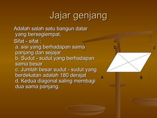 Jajar genjang
Adalah salah satu bangun datar
yang bersegiempat.
Sifat - sifat :
a. sisi yang berhadapan sama
panjang dan sejajar
b. Sudut - sudut yang berhadapan
sama besar
c. Jumlah besar sudut - sudut yang
berdekatan adalah 180 derajat
d. Kedua diagonal saling membagi
dua sama panjang.

D

A

C

B

 
