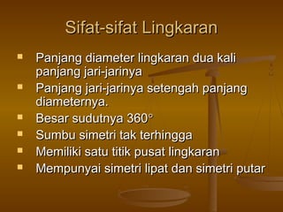 Sifat-sifat Lingkaran









Panjang diameter lingkaran dua kali
panjang jari-jarinya
Panjang jari-jarinya setengah panjang
diameternya.
Besar sudutnya 360°
Sumbu simetri tak terhingga
Memiliki satu titik pusat lingkaran
Mempunyai simetri lipat dan simetri putar

 