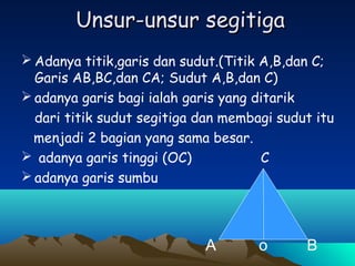 Unsur-unsur segitiga
 Adanya titik,garis dan sudut.(Titik A,B,dan C;
Garis AB,BC,dan CA; Sudut A,B,dan C)
 adanya garis bagi ialah garis yang ditarik
dari titik sudut segitiga dan membagi sudut itu
menjadi 2 bagian yang sama besar.
 adanya garis tinggi (OC)
C
 adanya garis sumbu

A

o

B

 