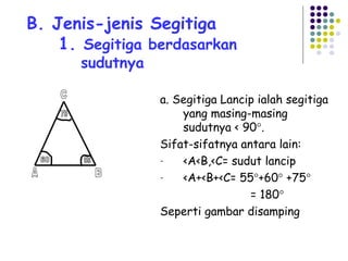B. Jenis-jenis Segitiga
1. Segitiga berdasarkan
sudutnya

a. Segitiga Lancip ialah segitiga
yang masing-masing
sudutnya < 90°.
Sifat-sifatnya antara lain:
<A<B,<C= sudut lancip
<A+<B+<C= 55°+60° +75°
= 180°
Seperti gambar disamping

 