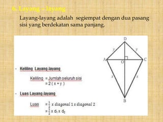 6. Layang – layang
Layang-layang adalah segiempat dengan dua pasang
sisi yang berdekatan sama panjang.
 