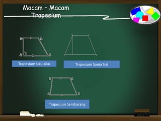 Macam – Macam
Trapesium
Trapesium siku-siku Trspesium Sama Sisi
Trapesium Sembarang
 