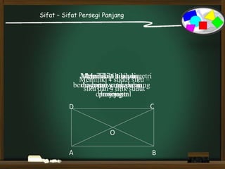 Sifat – Sifat Persegi Panjang
A B
CD
O
Memiliki 4 sisi yang
berhadapan sama panjang
dan sejajar
Memiliki 4 sudut siku –
siku dan 4 titik sudut
Memiliki 2 buah
diagonal yang sama
panjang
Memiliki 2 buah simetri
yaitu vertikal dan
horizontal
 