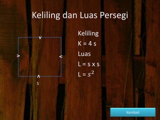 Keliling dan Luas Persegi
Keliling
K = 4 s
Luas
L = s x s
L = 𝑠2
V
V
V
V
S
Kembali
 