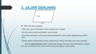 3. JAJAR GENJANG
 Sifat-sifat jajar genjang:
1)Sisi-sisi yang berhadapan sama panjang dan sejajar.
2)Sudut-sudut yang berhadapan sama besar.
3)Jumlah pasangan sudut yang saling berdekatan pada setiap jajargenjang adalah
1800.
4)Pada setiap jajargenjang kedua diagonalnya saling membagi dua sama panjang.
Definisi jajargenjang adalah segiempat dengan sisi-sisi yang berhadapan sejajar
dan sama panjang serta sudut-sudut yang berhadapan sama besar.
alas
tinggi
 