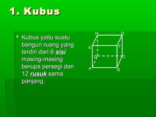 11.. KKuubbuuss 
 KKuubbuuss yyaaiittuu ssuuaattuu 
bbaanngguunn rruuaanngg yyaanngg 
tteerrddiirrii ddaarrii 66 ssiissii 
mmaassiinngg--mmaassiinngg 
bbeerruuppaa ppeerrsseeggii ddaann 
1122 rruussuukk ssaammaa 
ppaannjjaanngg.. 
H G 
E F 
D C 
A B 
 