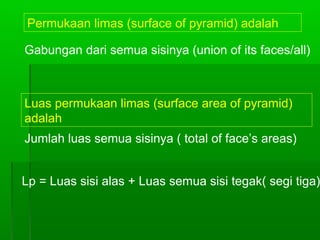 Permukaan limas (surface of pyramid) adalah 
Gabungan dari semua sisinya (union of its faces/all) 
Luas permukaan limas (surface area of pyramid) 
adalah 
Jumlah luas semua sisinya ( total of face’s areas) 
Lp = Luas sisi alas + Luas semua sisi tegak( segi tiga) 
 