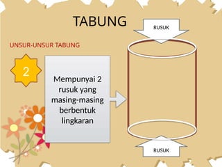 TABUNG
UNSUR-UNSUR TABUNG
2 Mempunyai 2
rusuk yang
masing-masing
berbentuk
lingkaran
RUSUK
RUSUK
 