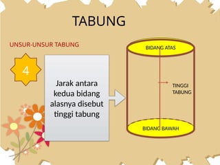 TABUNG
UNSUR-UNSUR TABUNG
4
Jarak antara
kedua bidang
alasnya disebut
tinggi tabung
BIDANG ATAS
BIDANG BAWAH
TINGGI
TABUNG
 