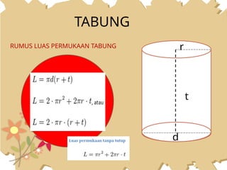 TABUNG
RUMUS LUAS PERMUKAAN TABUNG
t
r
d
 