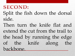 Split the fish down the dorsal 
side. 
Then turn the knife flat and 
extend the cut from the trail to 
the head by running the edge 
of the knife along the 
backbone. 
 