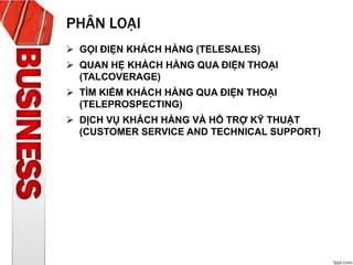 PHÂN LOẠI
 GỌI ĐIỆN KHÁCH HÀNG (TELESALES)
 QUAN HỆ KHÁCH HÀNG QUA ĐIỆN THOẠI
(TALCOVERAGE)
 TÌM KIẾM KHÁCH HÀNG QUA ĐIỆN THOẠI
(TELEPROSPECTING)
 DỊCH VỤ KHÁCH HÀNG VÀ HỖ TRỢ KỸ THUẬT
(CUSTOMER SERVICE AND TECHNICAL SUPPORT)
 