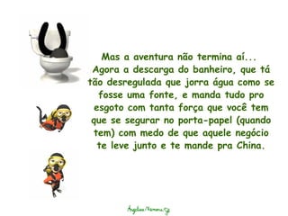 Mas a aventura não termina aí...  Agora a descarga do banheiro, que tá tão desregulada que jorra água como se fosse uma fonte, e manda tudo pro esgoto com tanta força que você tem que se segurar no porta-papel (quando tem) com medo de que aquele negócio te leve junto e te mande pra China. 