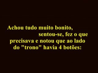 Achou tudo muito bonito,  sentou-se, fez o que precisava e notou que ao lado  do "trono" havia 4 botões:  