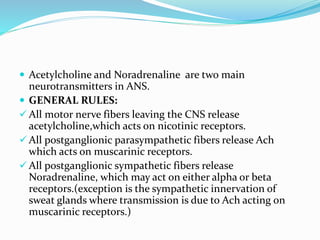  Acetylcholine and Noradrenaline are two main
neurotransmitters in ANS.
 GENERAL RULES:
 All motor nerve fibers leaving the CNS release
acetylcholine,which acts on nicotinic receptors.
 All postganglionic parasympathetic fibers release Ach
which acts on muscarinic receptors.
 All postganglionic sympathetic fibers release
Noradrenaline, which may act on either alpha or beta
receptors.(exception is the sympathetic innervation of
sweat glands where transmission is due to Ach acting on
muscarinic receptors.)
 
