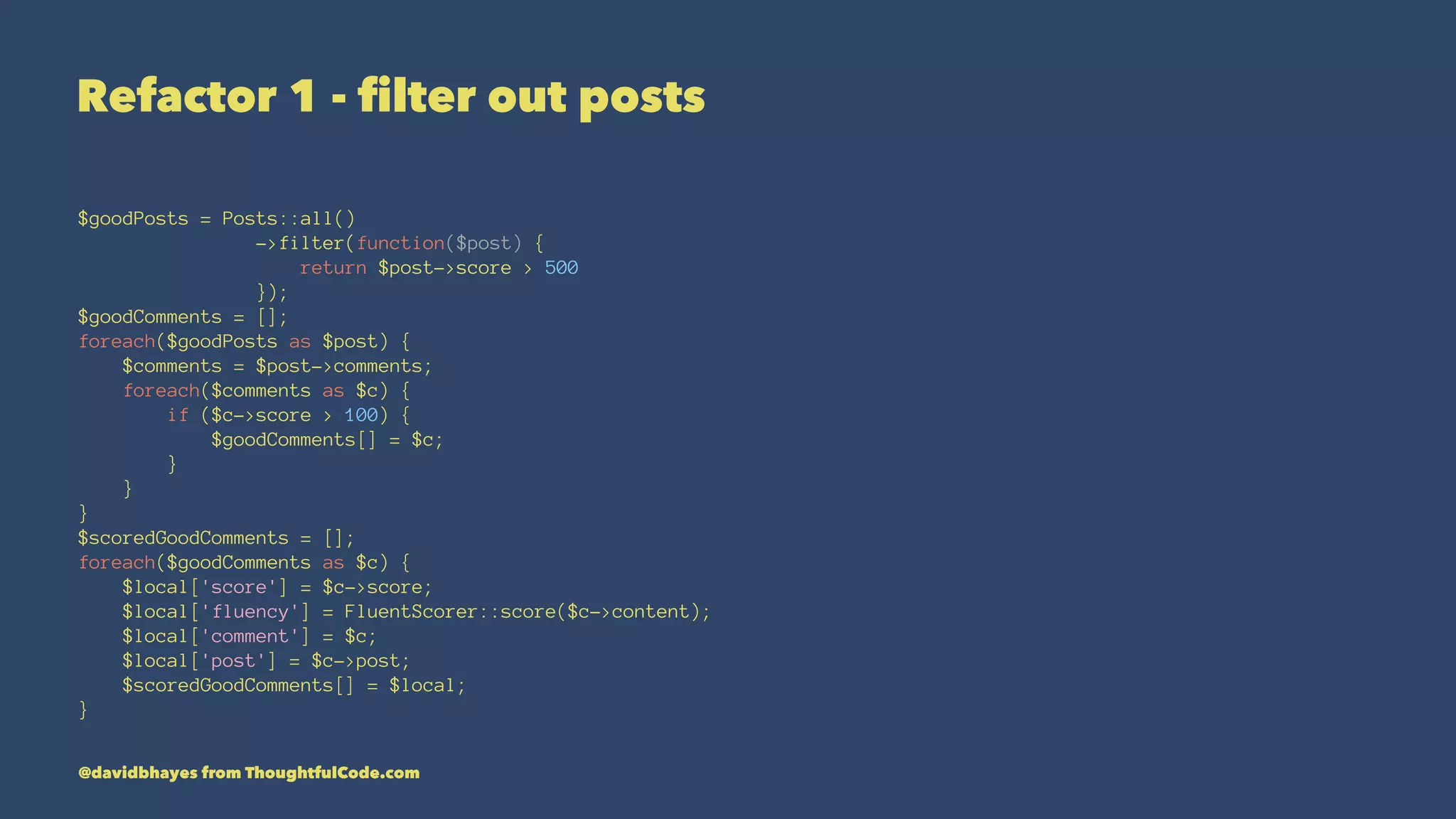 Refactor 1 - ﬁlter out posts $goodPosts = Posts::all() ->filter(function($post) { return $post->score > 500 }); $goodComments = []; foreach($goodPosts as $post) { $comments = $post->comments; foreach($comments as $c) { if ($c->score > 100) { $goodComments[] = $c; } } } $scoredGoodComments = []; foreach($goodComments as $c) { $local['score'] = $c->score; $local['fluency'] = FluentScorer::score($c->content); $local['comment'] = $c; $local['post'] = $c->post; $scoredGoodComments[] = $local; } @davidbhayes from ThoughtfulCode.com 