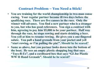 Contract Problem – You Need a Stick!
• You are training for the world championship in two-man canoe
  racing. Your regular partner became ill two days before the
  qualifying race. There are five canoes in the race. Only the
  winner will advance. You find a new partner who is a stranger
  to you, but who has good references. You sign a contract with
  him, agreeing to pay him $5,000 to be your partner. Half way
  through the race, he stops rowing and starts drinking a beer.
  You yell at him to resume rowing. He gives you a one-fingered
  salute. You pull a hand grenade from your pocket and yell
  “start rowing, or I’m pulling the pin!”. Should he be scared?
• Same as above, but you partner looks down into the bottom of
  the boat. He sees an empty plastic shopping bag that says
  “Toys-R-Us”, and a cardboard box that says “GI Joe Plastic
  WW II Hand Grenade”. Should he be scared?


                                                           34
 