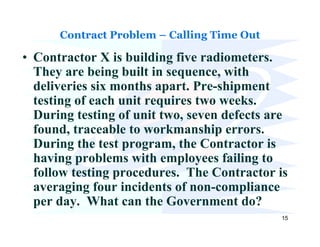 Contract Problem – Calling Time Out

• Contractor X is building five radiometers.
  They are being built in sequence, with
  deliveries six months apart. Pre-shipment
  testing of each unit requires two weeks.
  During testing of unit two, seven defects are
  found, traceable to workmanship errors.
  During the test program, the Contractor is
  having problems with employees failing to
  follow testing procedures. The Contractor is
  averaging four incidents of non-compliance
  per day. What can the Government do?
                                             15
 