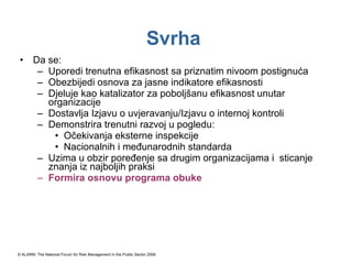 Svrha   Da se: Uporedi trenutna efikasnost sa priznatim nivoom postignuća Obezbijedi osnova za jasne indikatore efikasnosti Djeluje kao katalizator za poboljšanu efikasnost unutar organizacije Dostavlja Izjavu o uvjeravanju/Izjavu o internoj kontroli Demonstrira trenutni razvoj u pogledu: Očekivanja eksterne inspekcije Nacionalnih i međunarodnih standarda Uzima u obzir poređenje sa drugim organizacijama i  sticanje znanja iz najboljih praksi Formira osnovu programa obuke © ALARM: The National Forum for Risk Management in the Public Sector 2008 