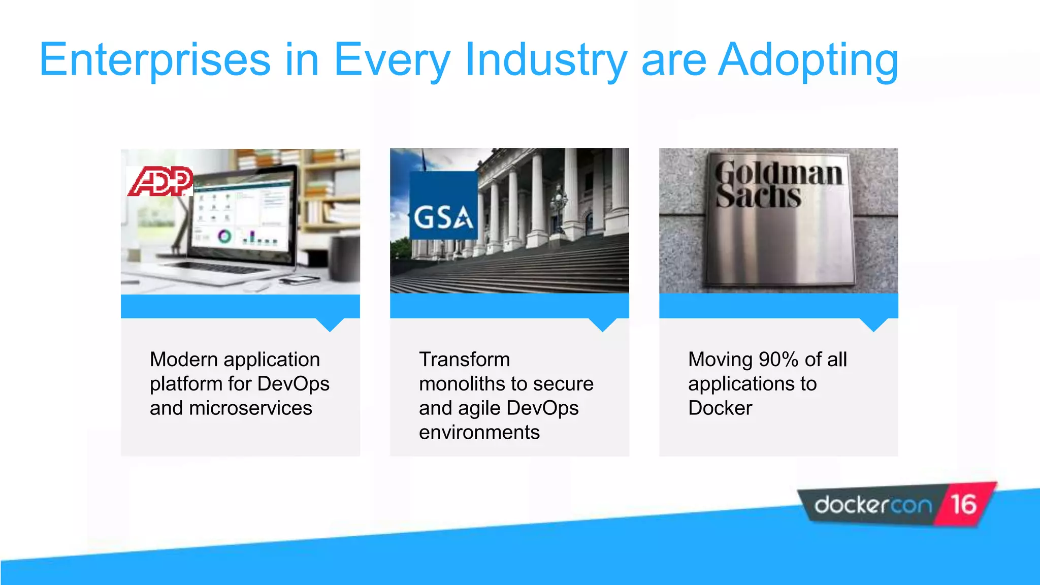 Enterprises in Every Industry are Adopting
Modern application
platform for DevOps
and microservices
Transform
monoliths to secure
and agile DevOps
environments
Moving 90% of all
applications to
Docker
 