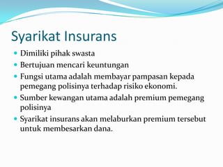 Syarikat Insurans
 Dimiliki pihak swasta
 Bertujuan mencari keuntungan
 Fungsi utama adalah membayar pampasan kepada
  pemegang polisinya terhadap risiko ekonomi.
 Sumber kewangan utama adalah premium pemegang
  polisinya
 Syarikat insurans akan melaburkan premium tersebut
  untuk membesarkan dana.
 