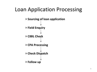 Loan Application Processing
» Sourcing of loan application
» Field Enquiry
» CIBIL Check
» CPA Processing
» Check Dispatch
» Follow up
9

 