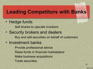 Leading Competitors with Banks
• Hedge funds
Sell shares to upscale investors
• Security brokers and dealers
Buy and sell securities on behalf of customers
• Investment banks
Provide professional advice
Raise funds in financial marketplace
Make business acquisitions
Trade securities
12
 