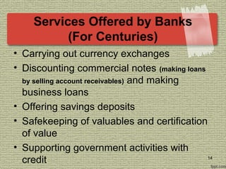 Services Offered by Banks
(For Centuries)
• Carrying out currency exchanges
• Discounting commercial notes (making loans
by selling account receivables) and making
business loans
• Offering savings deposits
• Safekeeping of valuables and certification
of value
• Supporting government activities with
credit 14
 