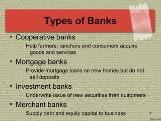 Types of Banks
• Cooperative banks
Help farmers, ranchers and consumers acquire
goods and services
• Mortgage banks
Provide mortgage loans on new homes but do not
sell deposits
• Investment banks
Underwrite issue of new securities from customers
• Merchant banks
Supply debt and equity capital to business 6
 