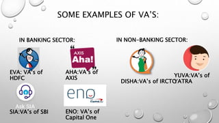 SOME EXAMPLES OF VA’S:
IN BANKING SECTOR: IN NON-BANKING SECTOR:
EVA: VA’s of
HDFC
AHA:VA’s of
AXIS
SIA:VA’s of SBI ENO: VA’s of
Capital One
DISHA:VA’s of IRCTC
YUVA:VA’s of
YATRA
 