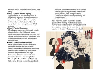 reliability, reduce cost drastically, publish a case
study.
● Stage 2 (Scaling Within a Region):
Approach a set of 10–20 municipalities in
neighboring regions or countries with similar
governance structures. Offer discounts for
multi-jurisdictional adoption, build brand
recognition, refine user experience and KYC
process.
● Stage 3 (Vertical Expansion):
Move beyond government elections to include
other institutions that hold votes—unions,
corporate boards, shareholders’ meetings. This
vertical diversification ensures stable cash flow
and continuous platform use beyond public
election cycles.
● Stage 4 (International Recognition):
Once credibility is established, target more
developed or mid-sized cities in stable
democracies looking to experiment with online
referendums or pilot e-voting in off-season
elections. Begin integration with legal
frameworks. Garner endorsements from
international election monitoring bodies.
● Stage 5 (Global Marketplace for Elections):
With a large library of election types and best
practices, position Electra as the go-to platform
for quickly organizing any kind of vote—public,
private, national, local, or organizational.
Continuously improve security, scalability, and
user experience.
It’s a moonshot, but the blueprint is rooted in
practical MVP thinking: start small, solve one
municipality’s election problem perfectly, document
success, then expand step-by-step—unit by unit,
election by election. What do you think, Elon?)
 