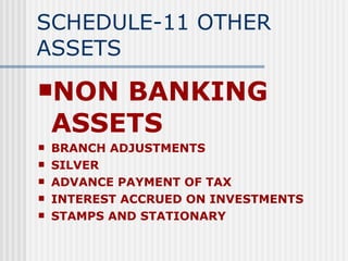 SCHEDULE-11 OTHER ASSETS NON BANKING ASSETS BRANCH ADJUSTMENTS SILVER ADVANCE PAYMENT OF TAX INTEREST ACCRUED ON INVESTMENTS  STAMPS AND STATIONARY 